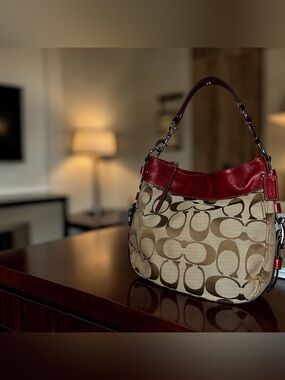 Coach Zoe Signature C Hobo Shoulder Bag Khaki Jacquard Red Leather Trim